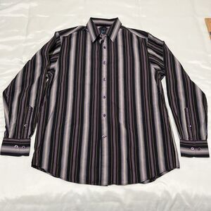 Indigo Palms Tommy Bahama Button Down Shirt Striped Men’s L Purple Black Yellow